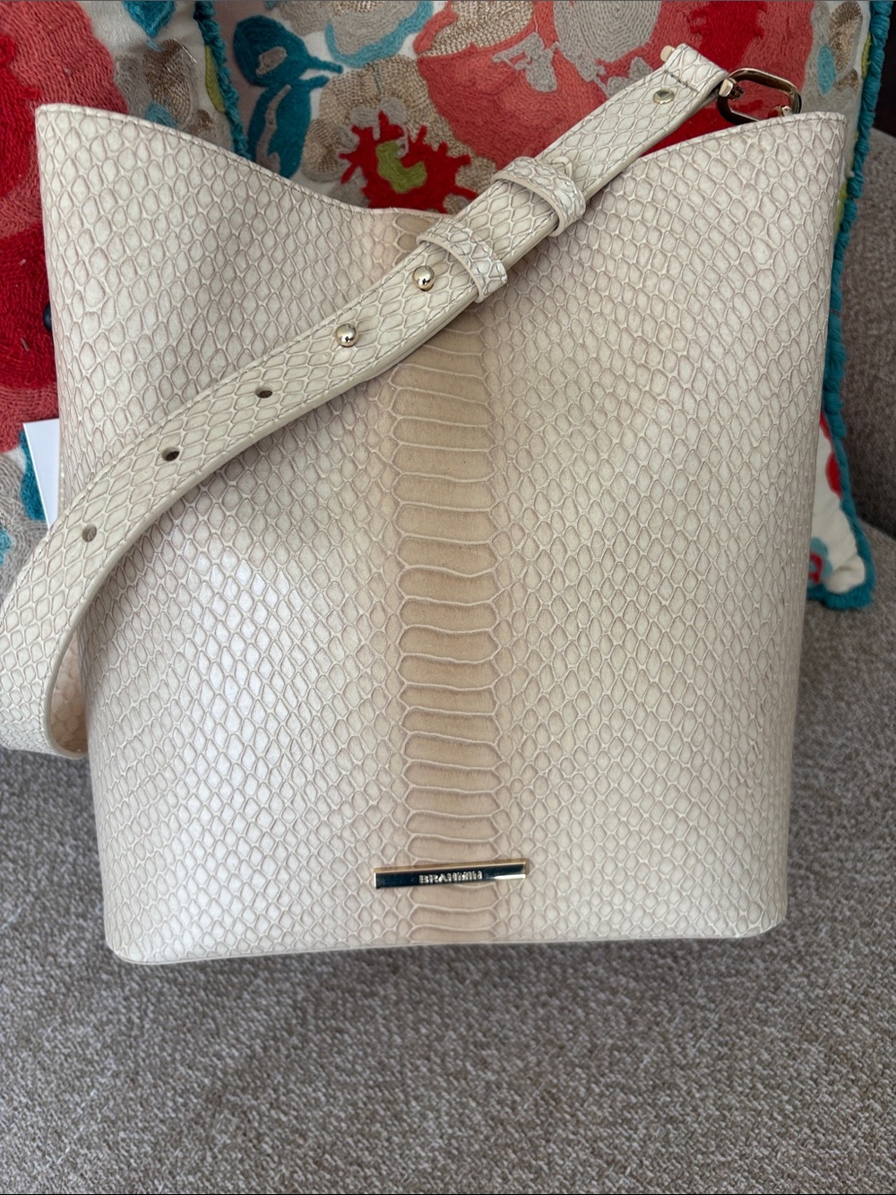Brahmin Cream Snake-Embossed Bucket Shoulder Bag
